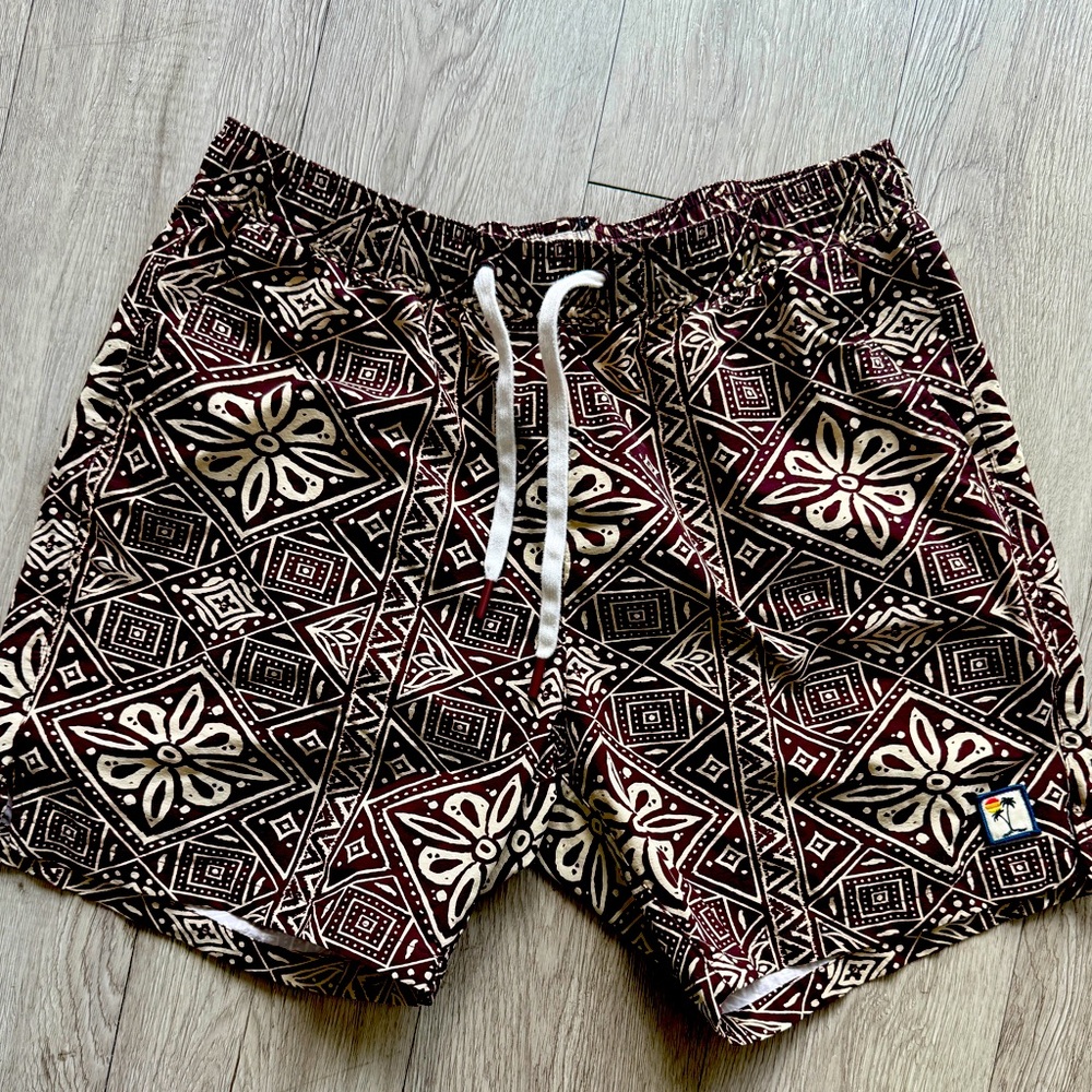 Marine Layer Tribal Print Swim Trunks - Brown and Cream. Worn 2x for shoot only.